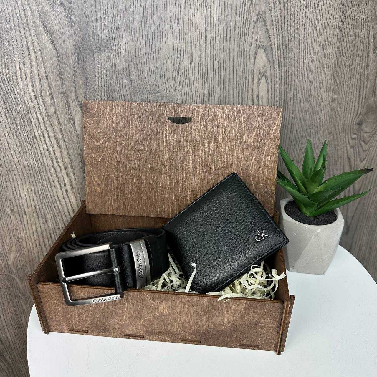 Мужской подарочный набор кошелек кожаный ремень Calvin Klein в коробке