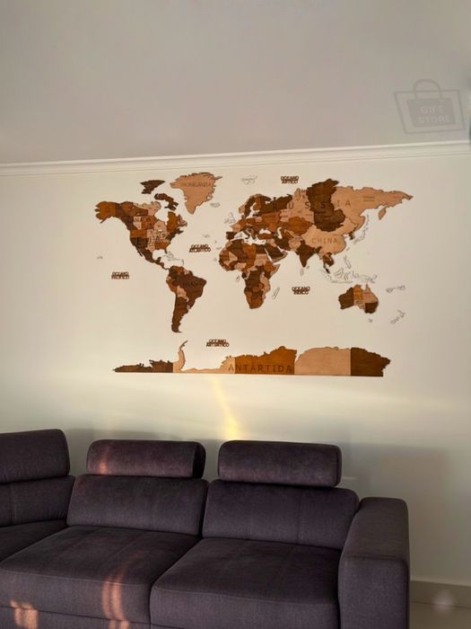 Mapa Mundo em Madeira 3D - Ediçao Premium Colorida