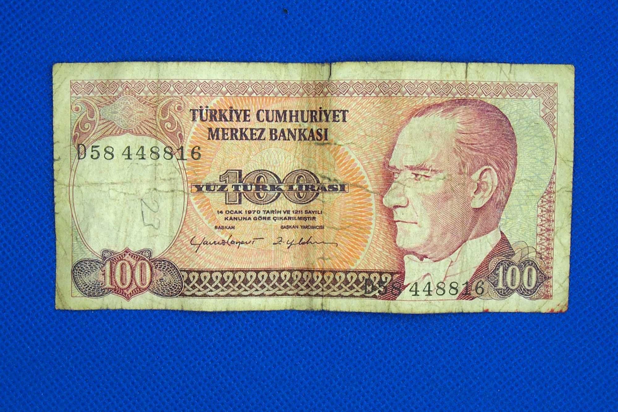 BANKNOT 100 lir sto lirów tureckich TURCJA 1970 archiwal numizmat 8816