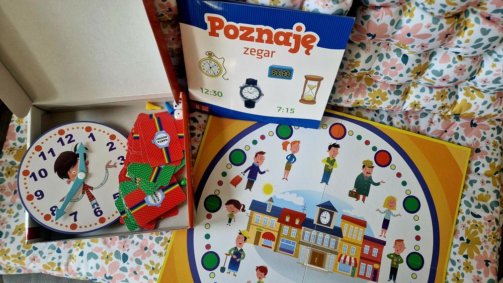 Poznaję zegar - gra edukacyjna, ksiażka z zadaniami i zagadkami.
