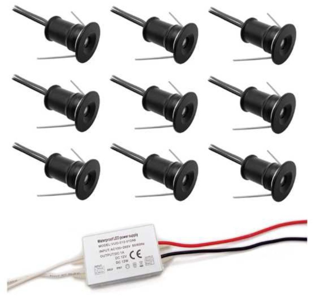 Reflektory LED mini czarny 1w z zasilaczem 9 sztuk