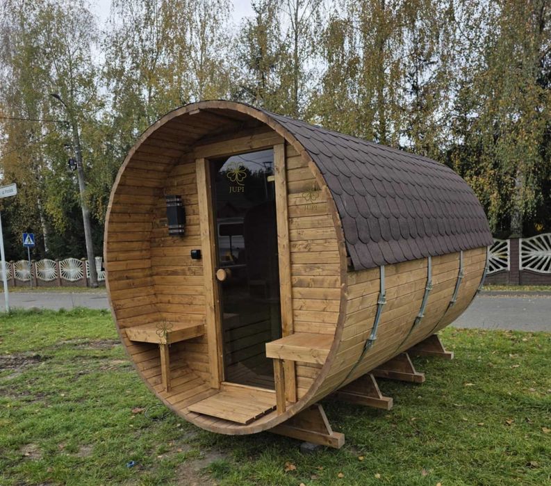 Sauna ogrodowa beczka z przedsionkiem, Panoramiczna szyba, Piecem, LED