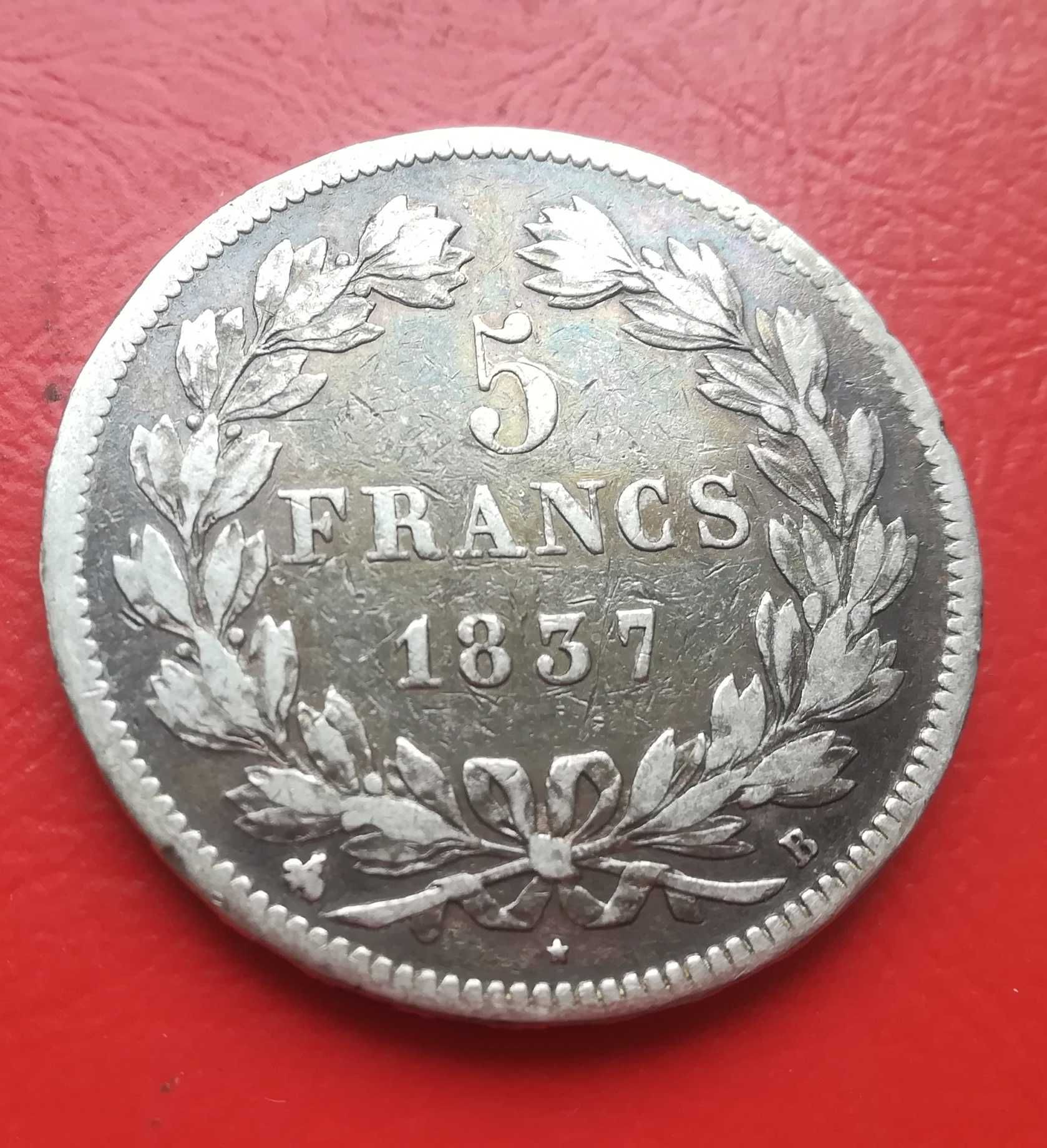 Moneta srebrna 5 franków 1837 rok Francja typ B. Srebro ładna.
