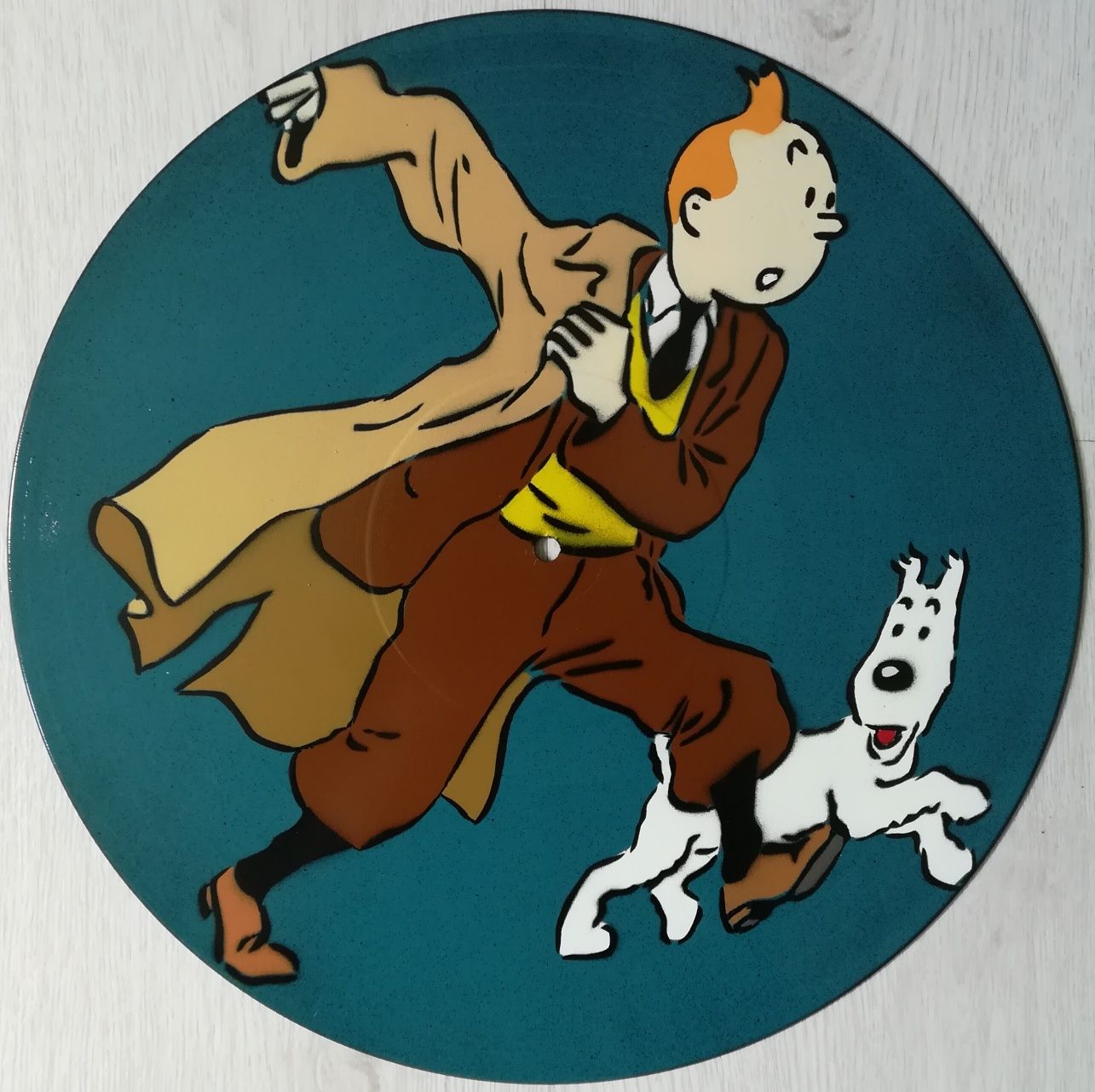 Tintin e Milu pintura original em disco de vinil