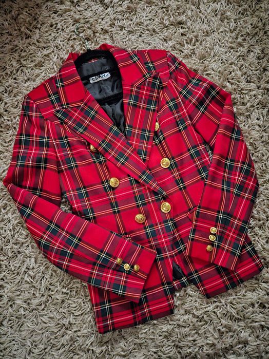 Czerwona marynarka żakiet blezer tartan xs 34