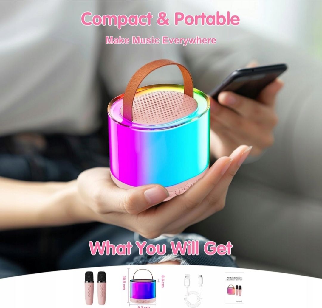 Głośnik bezprzewodowy przenośny 2w1 LED 2 mikrofony karaoke bluetooth
