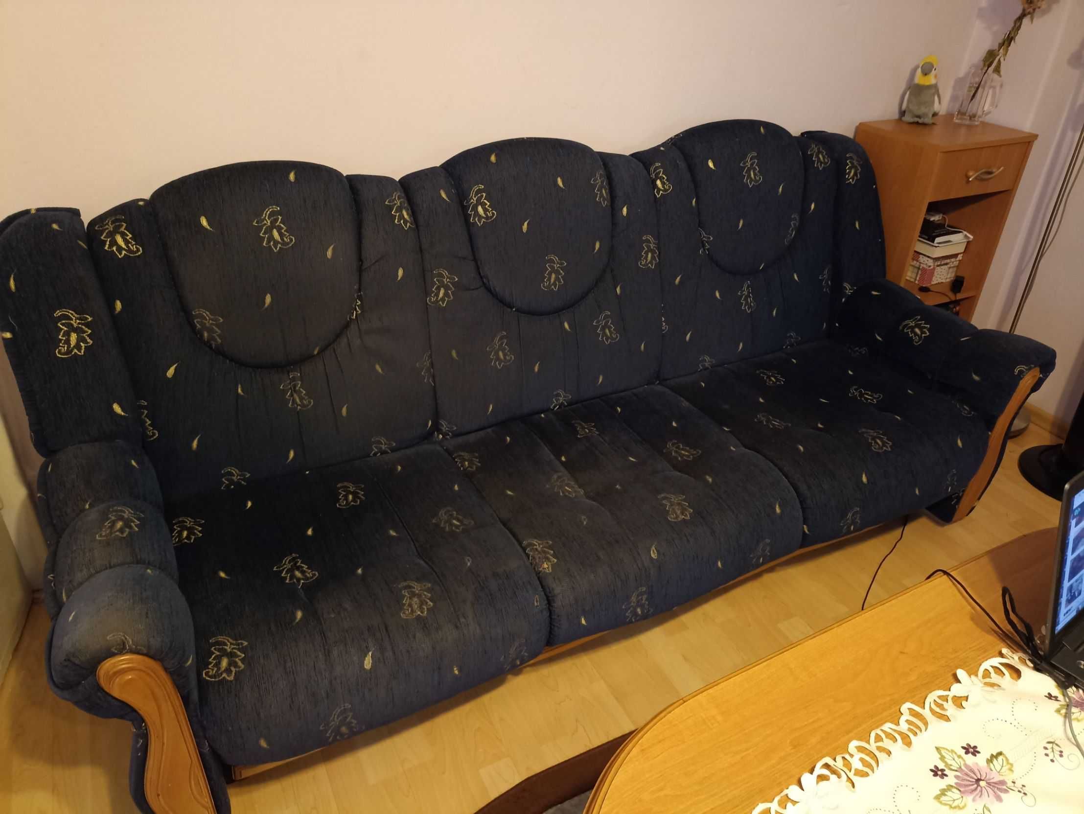 Komfortowy komplet wypoczynkowy  Sofa,  2 fotele, 2 pufy-ciemny granat