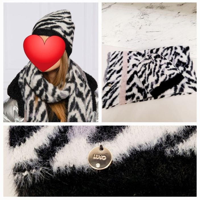 Liu Jo futrzany puszysty komplet premium czapka + szal zwierzęcy motyw