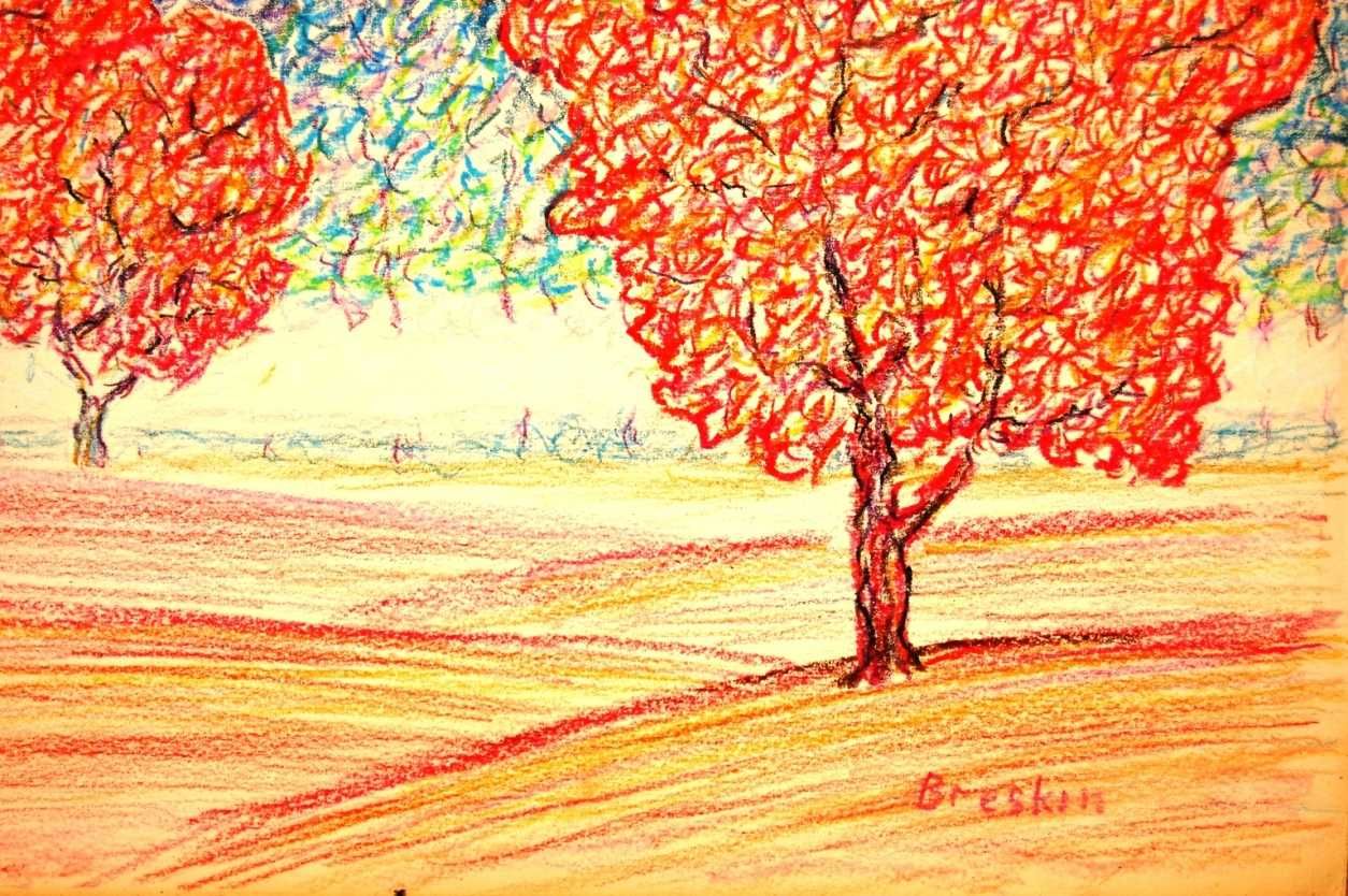 Картина " Червоні дерева " папір, акварельні олівці, 2019