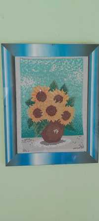 rękodzieło  - obraz haftowany ręcznie kwiaty , rozmiar ok 35x35