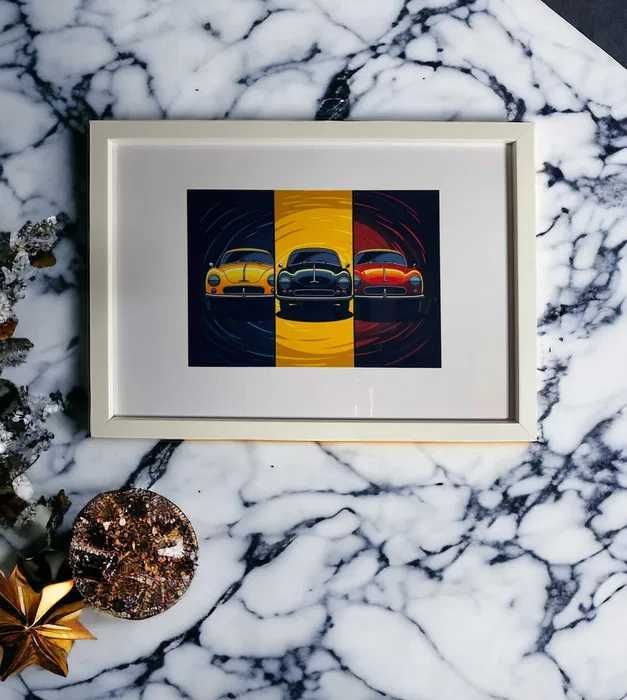 Zestaw czterech obrazów w ramce A4 - „Samochody w stylu retro”
