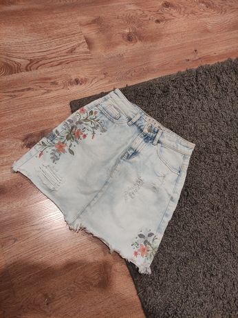 Mini krótka jeansowa dżinsowa spódnica kwiaty denim co. Xxs 32 XS 34
