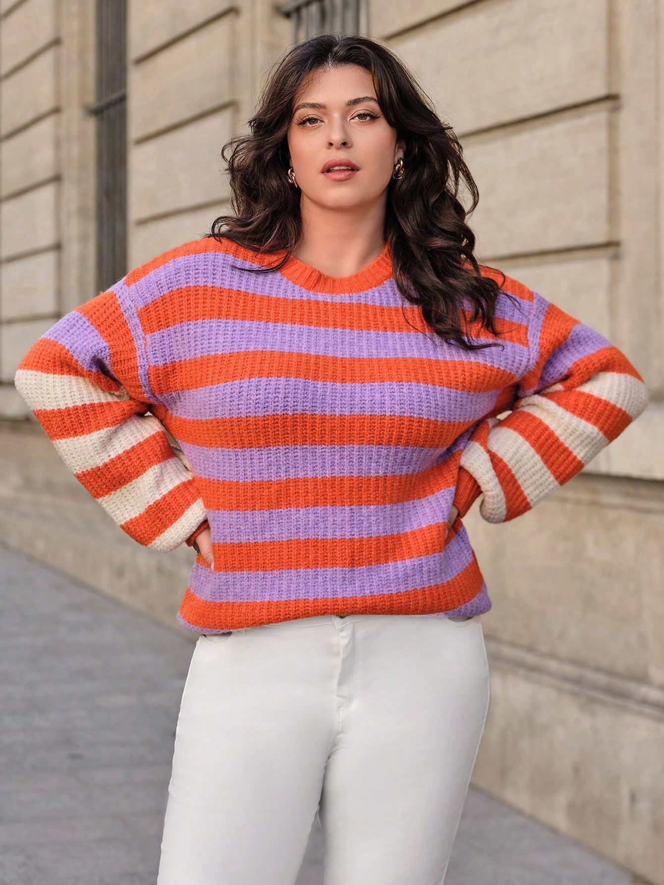 Sweterek Damski W Paski Z Odniżonymi Ramionami Casual Shein 4Xl 48