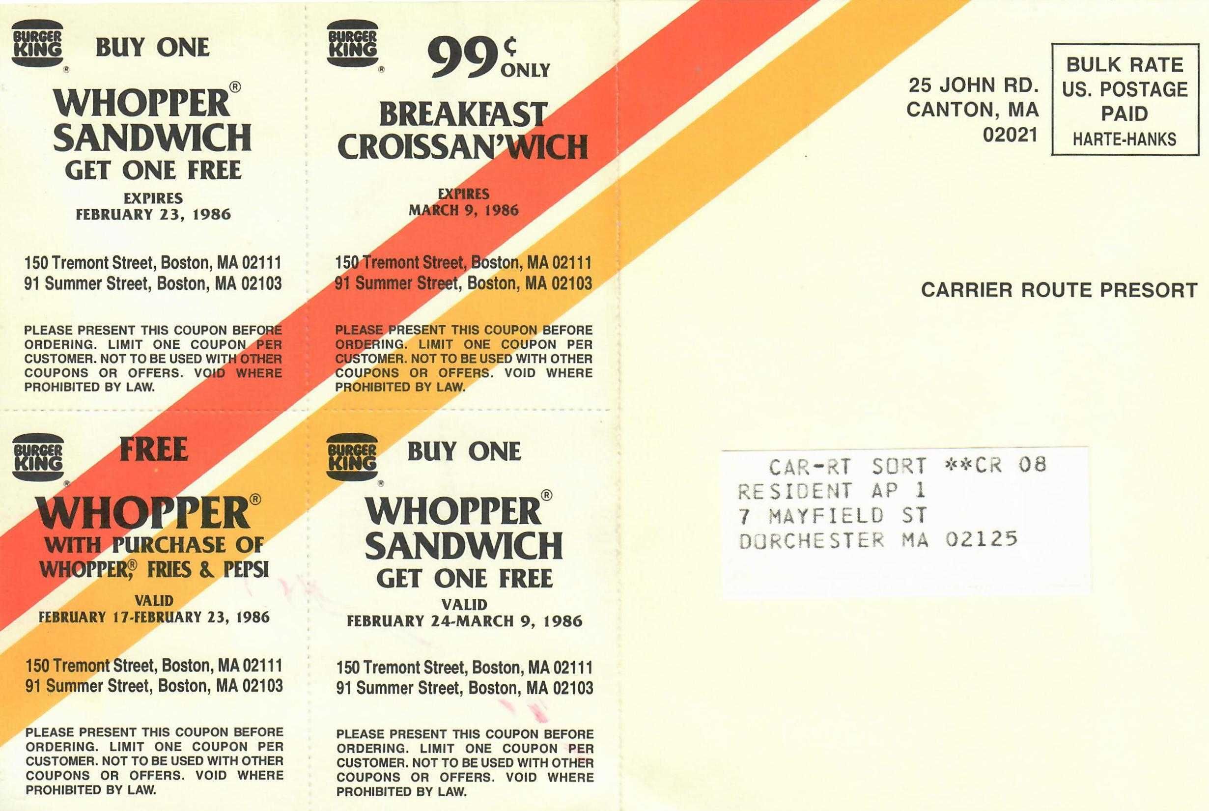 Kupony rabatowe do amerykańskiego Burger Kinga z 1986 roku
