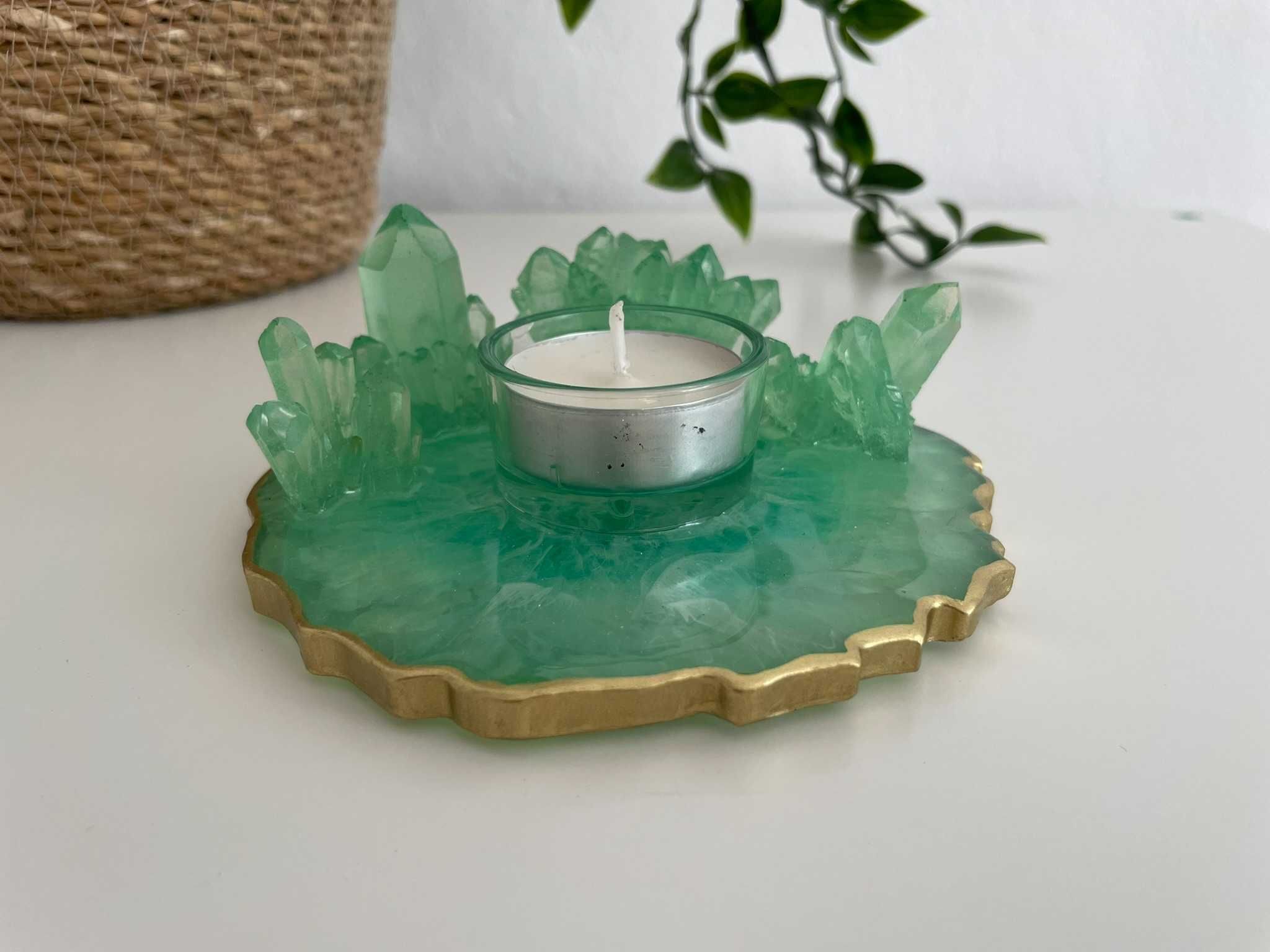 Świecznik zielony złoty kryształy z żywicy epoksydowej tealight nowy