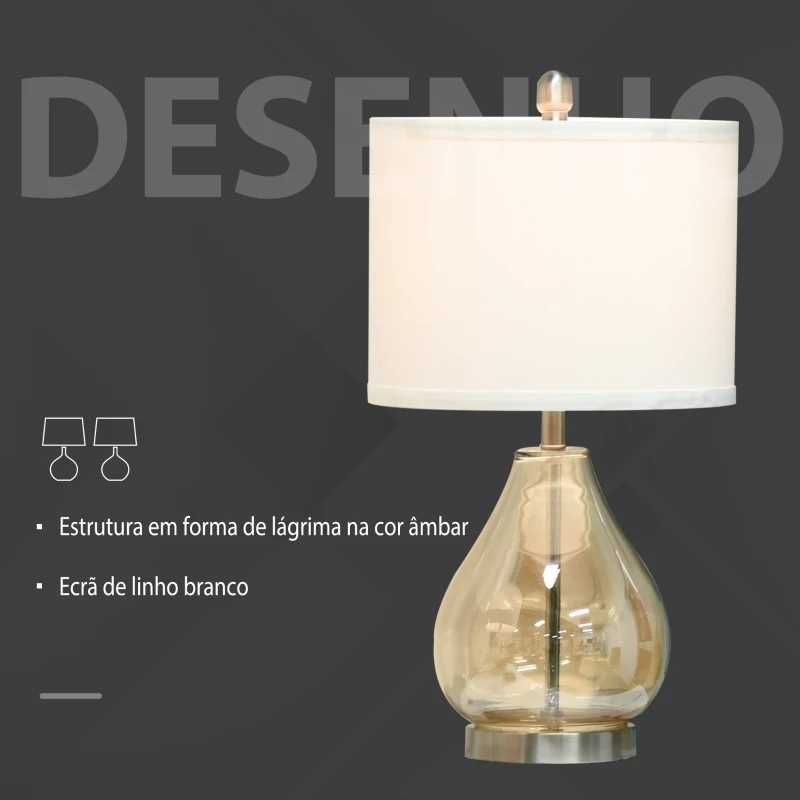 2 Candeeiros de Mesa com Vidro e Tela de Linho Branco