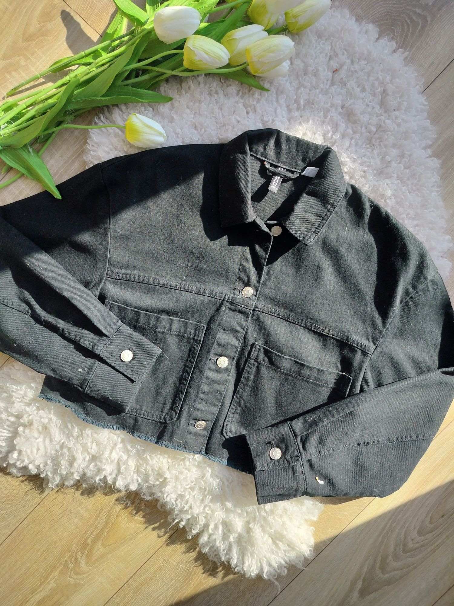nowa czarna kurtka jeansowa oversize krótka strzępiona katana h&M M