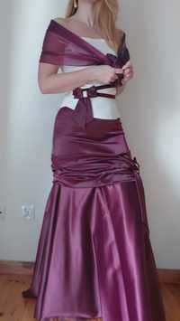 Suknia balowa retro vintage gorset spódnica bordo ecru szal S 36 XS 34