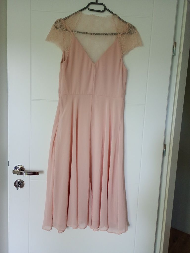 Elegancka pudrowa sukienka ASOS midi rozm. S/M jak nowa z koronką