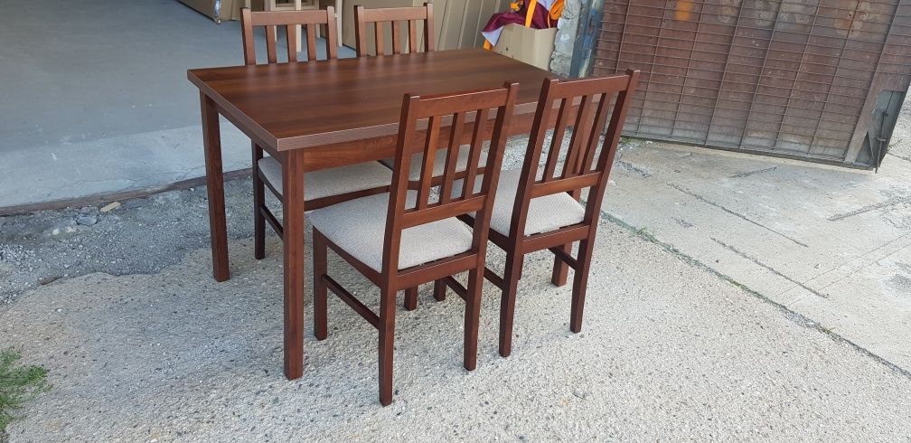 Nowe: Stół 70x120 + 4 krzesła , orzech + beż ( szczebelki )