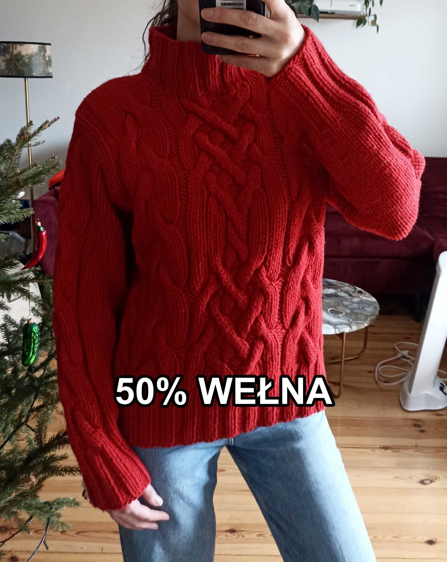 Gruby czerwony sweter półgolf warkocze wełna marks&spencer