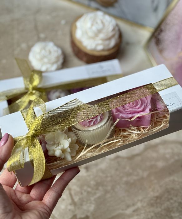 Zestaw zapachowych świec sojowych + szklany tealight prezent box róż