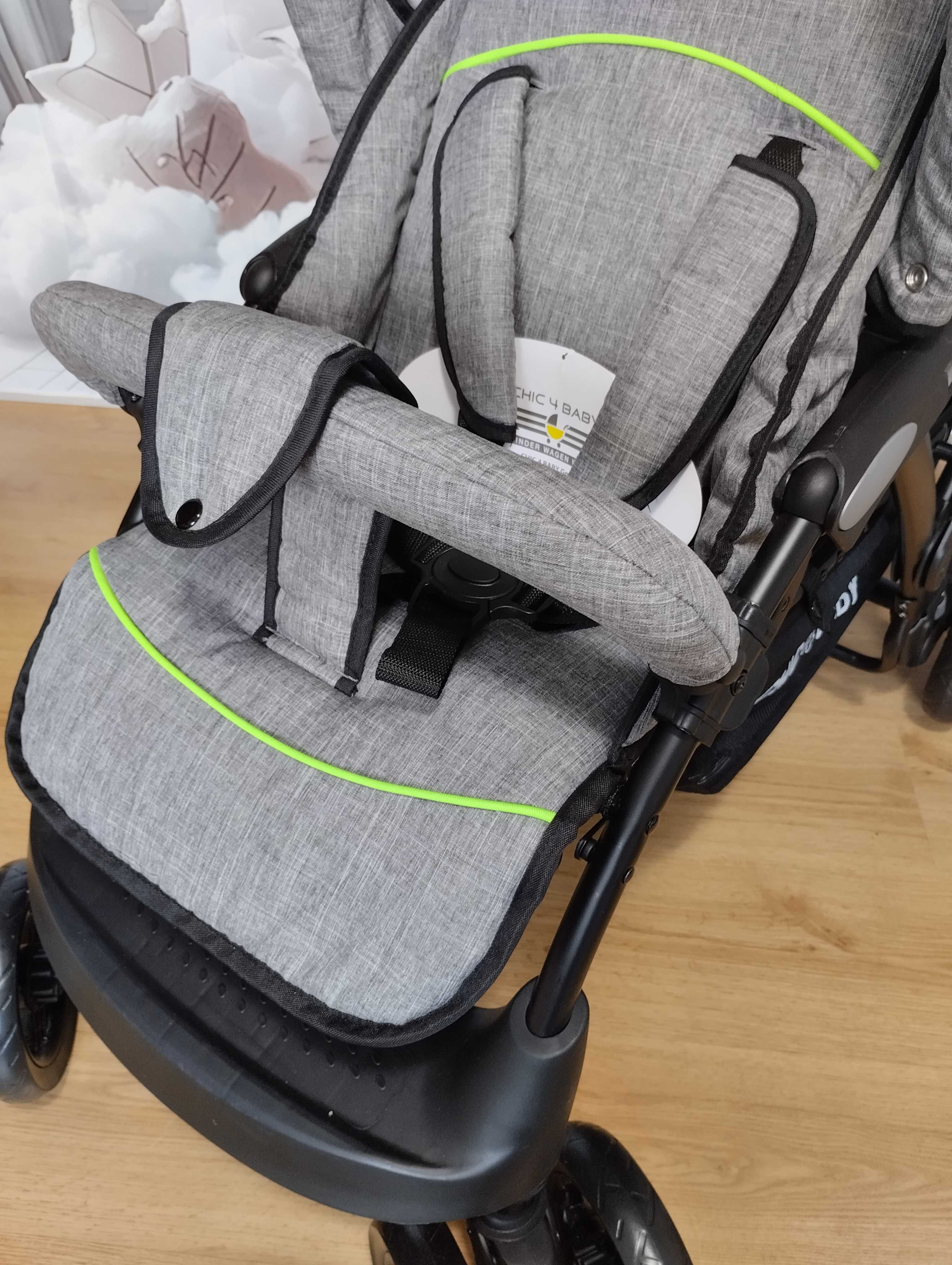 Wózek Chic 4 Baby Duo szary dla rodzeństwa podwójny bliźniaków z gondo