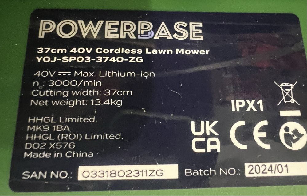 Акумуляторна газонокосарка 40V 34-37см POWERBASE Англія