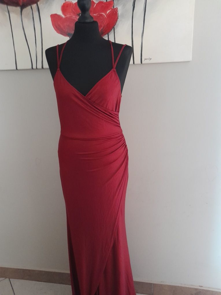 Sukienka długa maxi bordowa na ramiączkach S M 36 38 elegancka