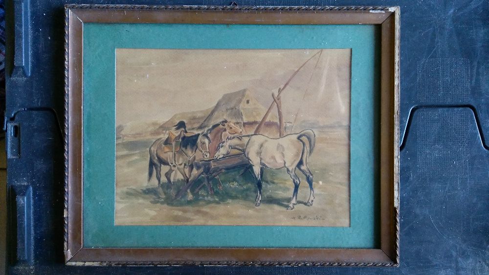 Obraz , akwarela , konie , sygn. , wym. 30x20 cm.