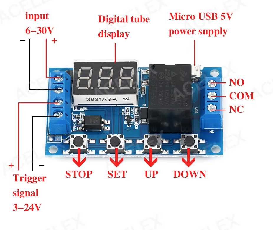 Програмований таймер XY-J04 5–30В, 15А з MOSFET або реле