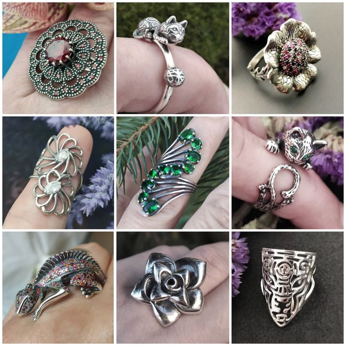 Нові срібні каблучки, 72 дизайни, різні розміри