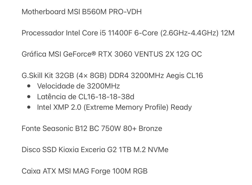 PC Gaming RTX3060 i5 11400F 32GB RAM (garantia válida)
