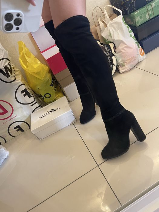 Ботфорти жіночі, женские черные ботфорты, сапоги зимние, демисезон