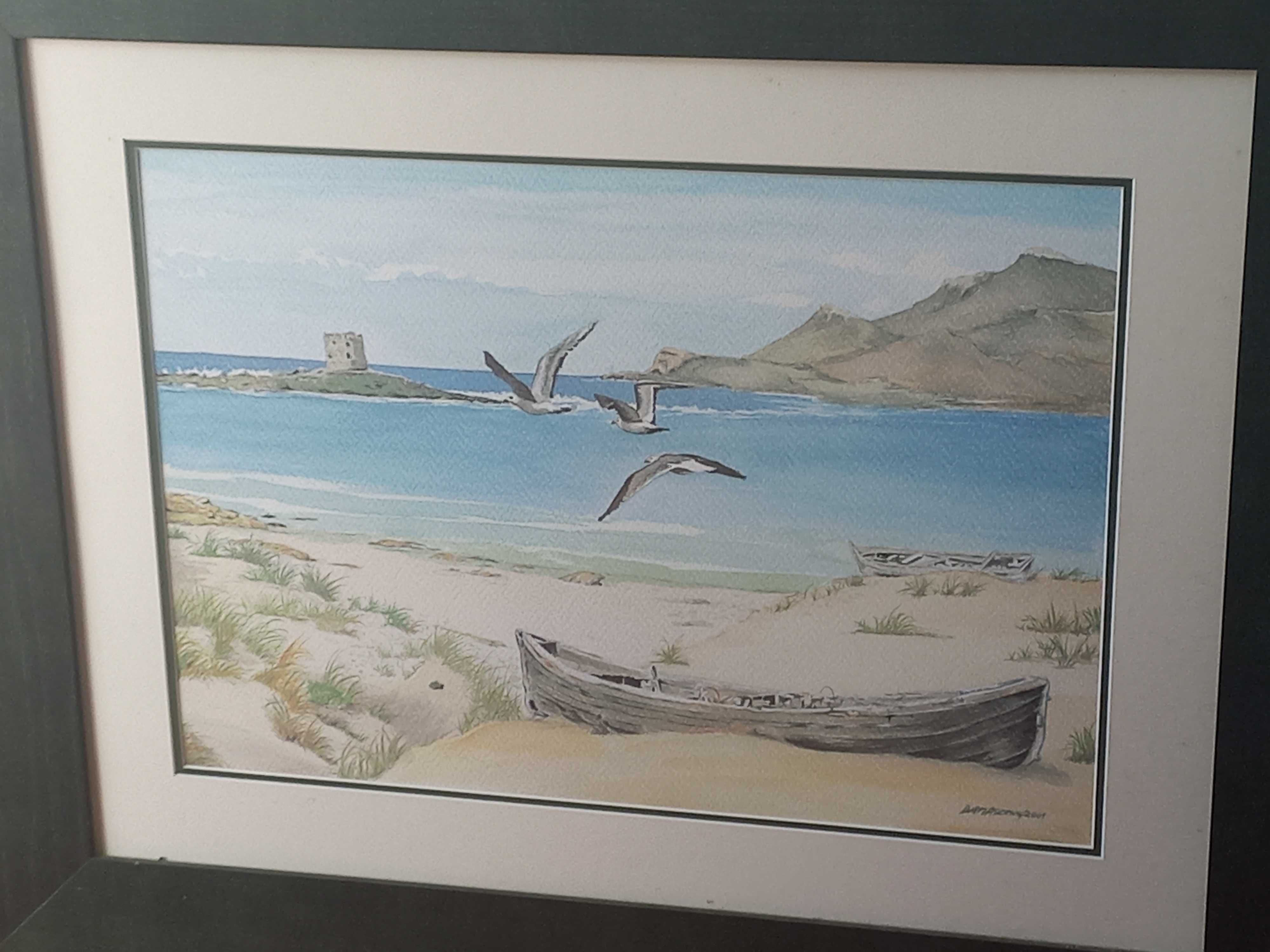 quadro de praia com gavota e barco