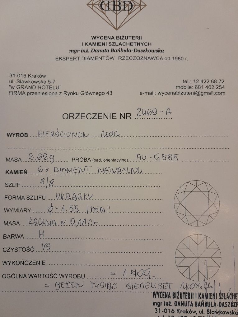 R.17 Pierścionek Obrączka Diamenty Złoto 585 Certyfikat