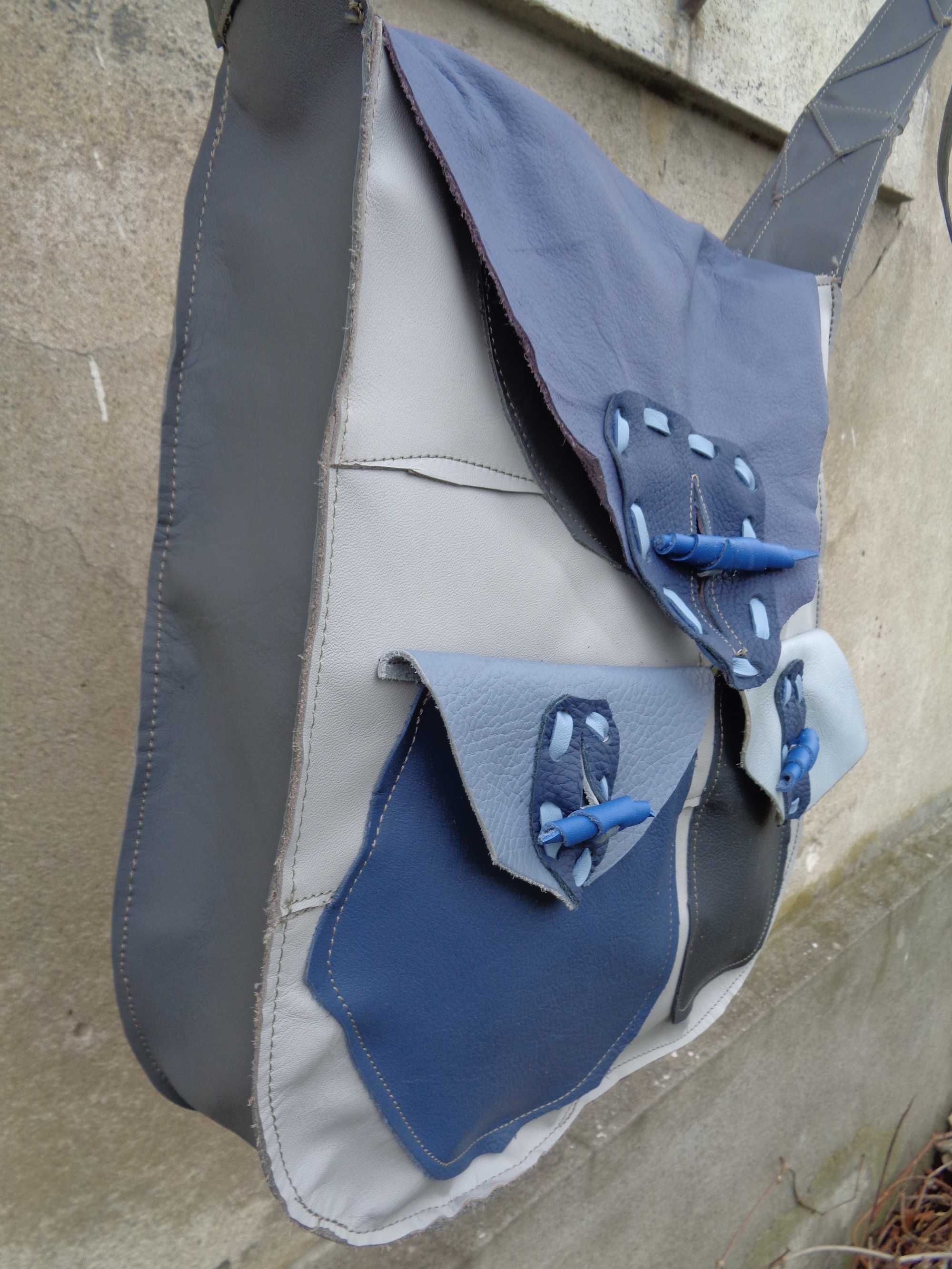 WYPRZEDAŻ Artystyczna duża skórzana niebieska torebka. Handmade
