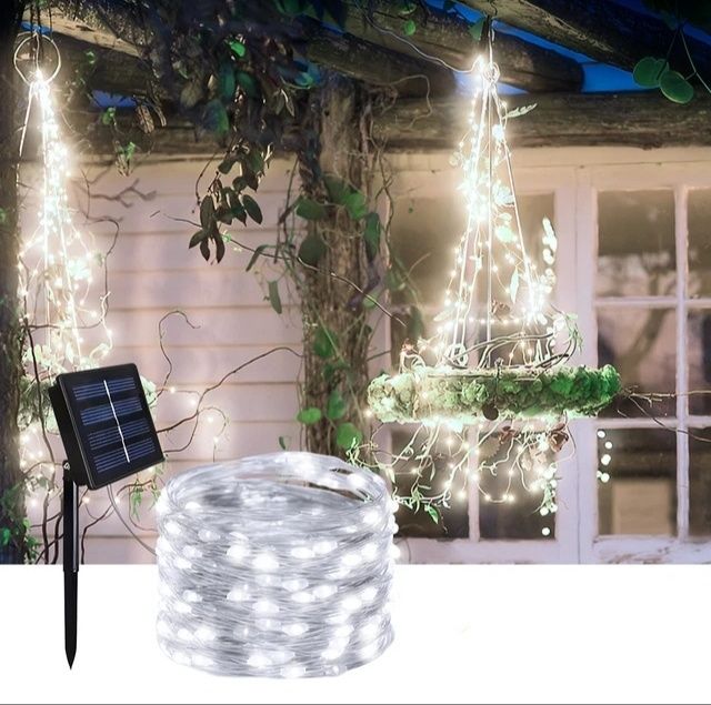 Białe lampki solarne 12m na balkon ledowe do ogrodu 100 światełek