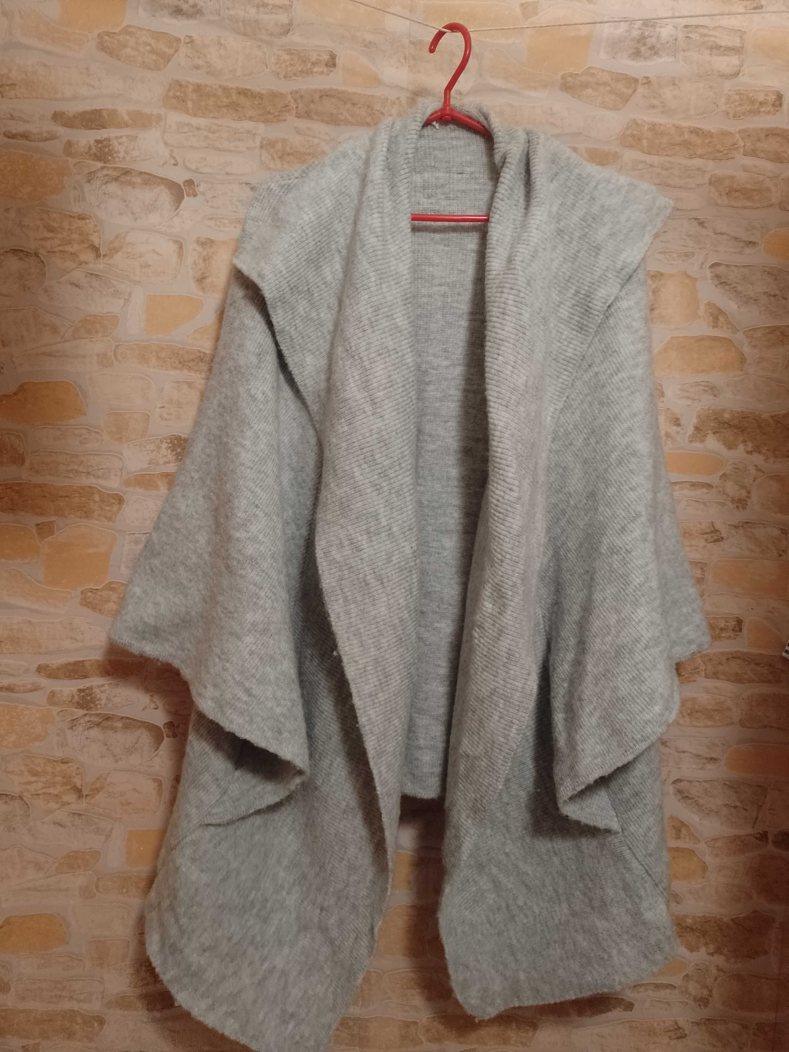 (40/42) (L/XL) Szary płaszcz dzianinowy, sweter oversize, waterfall
