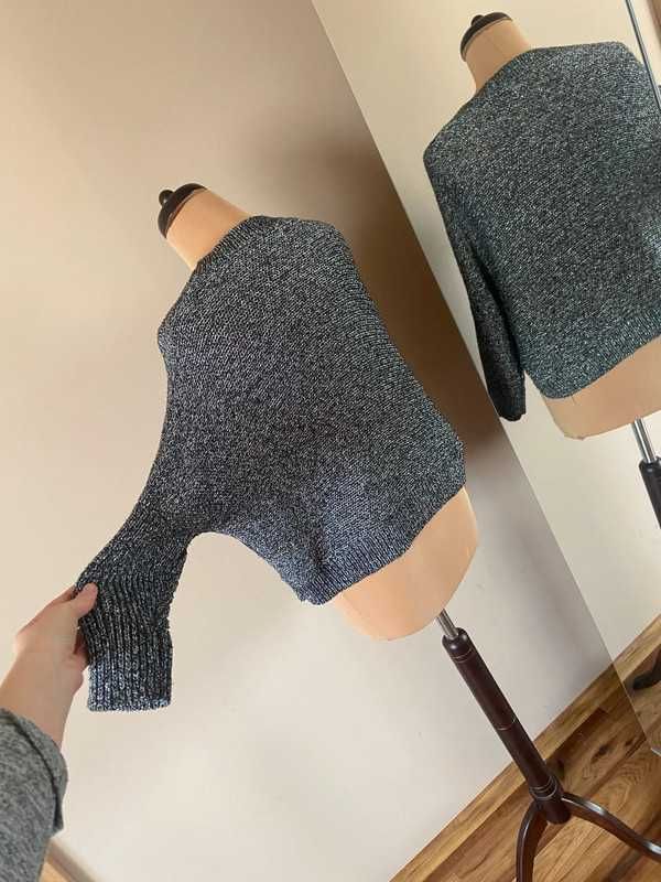 40 42 metaliczny sweter dziury nietoperz oversize srebrna nitka