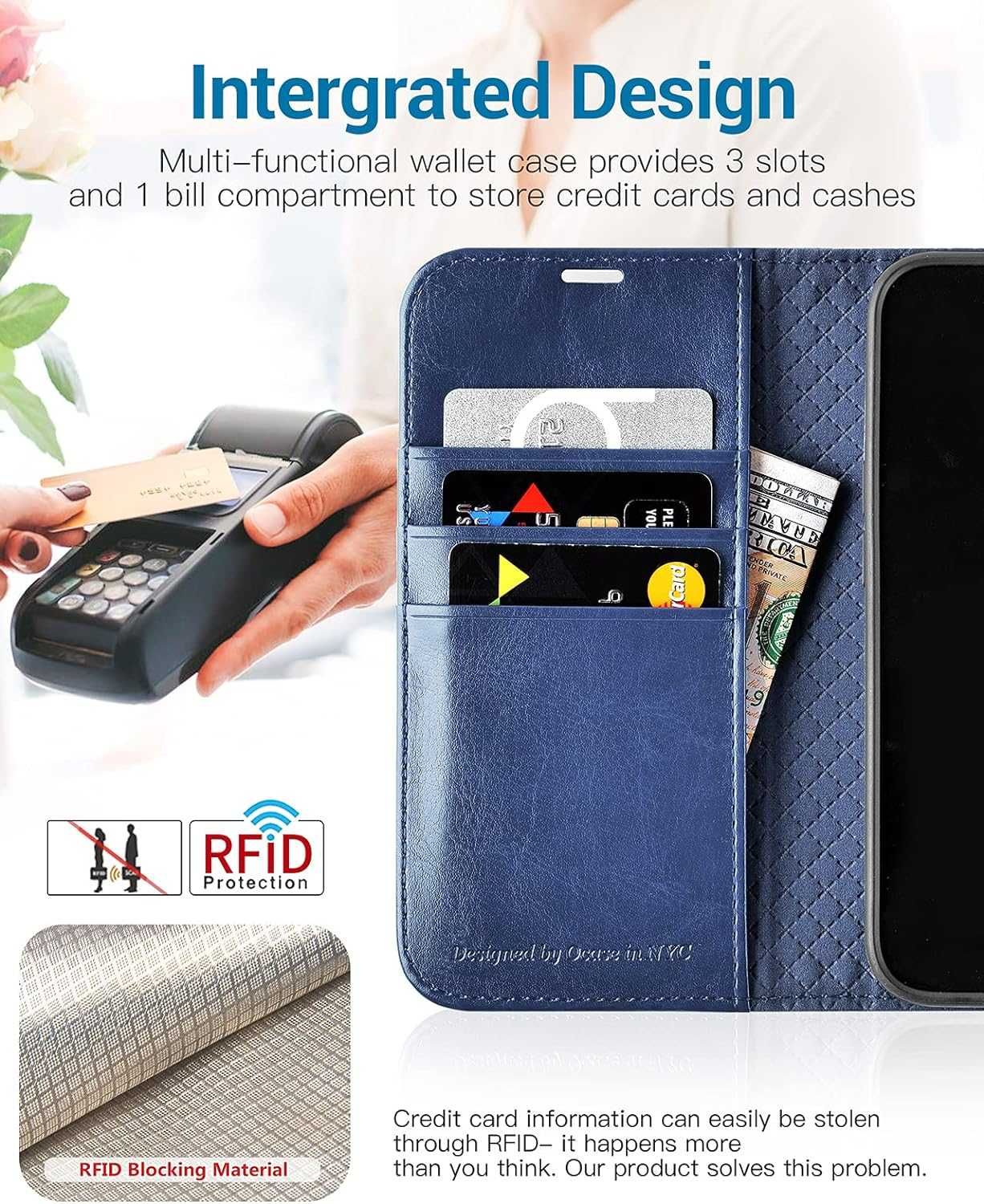 OCASE iPhone 13 PRO etui z klapką Skórzane portfel RFID Karty