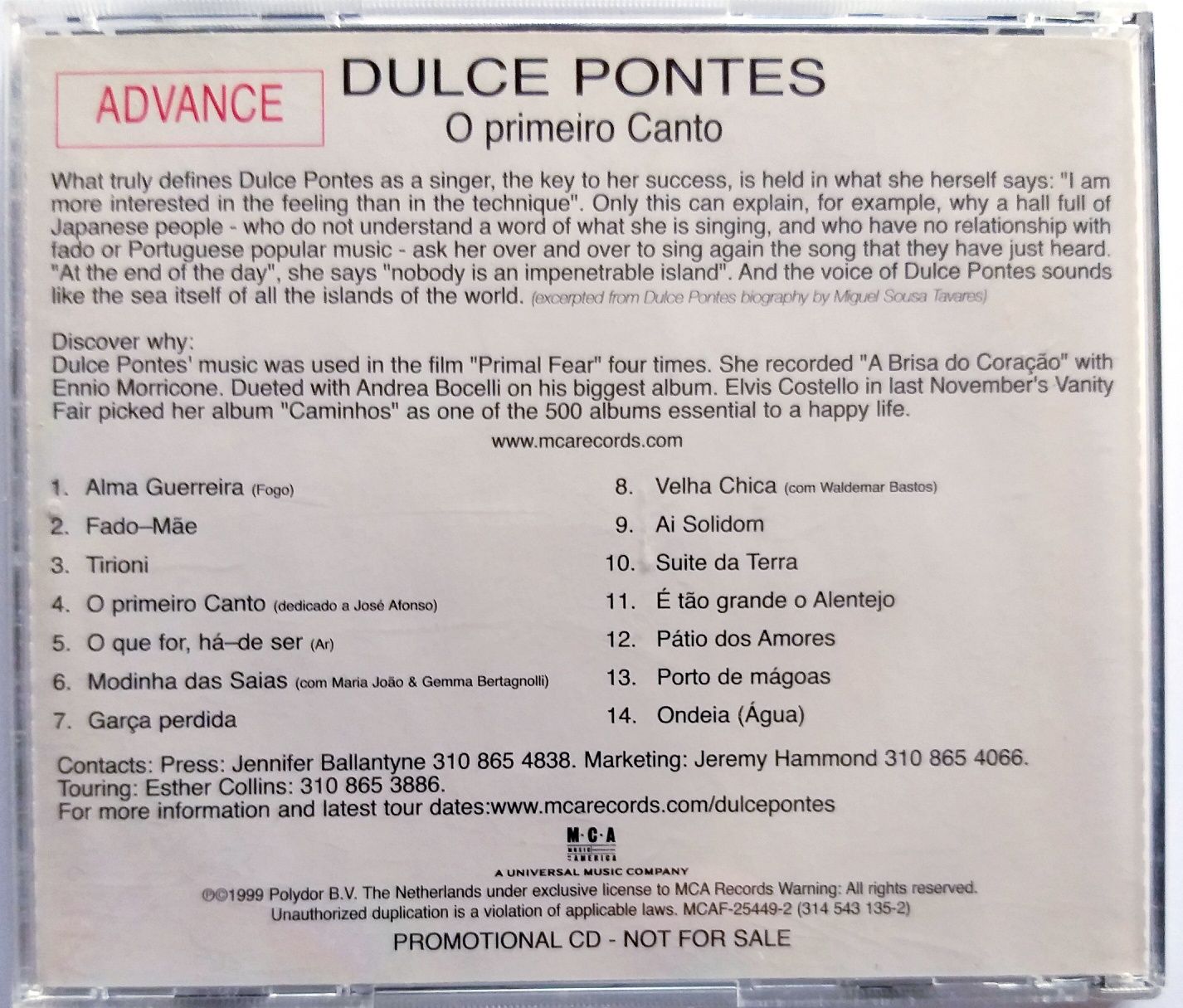 Dulce Pontes O Primeiro Canto 1999r Promo