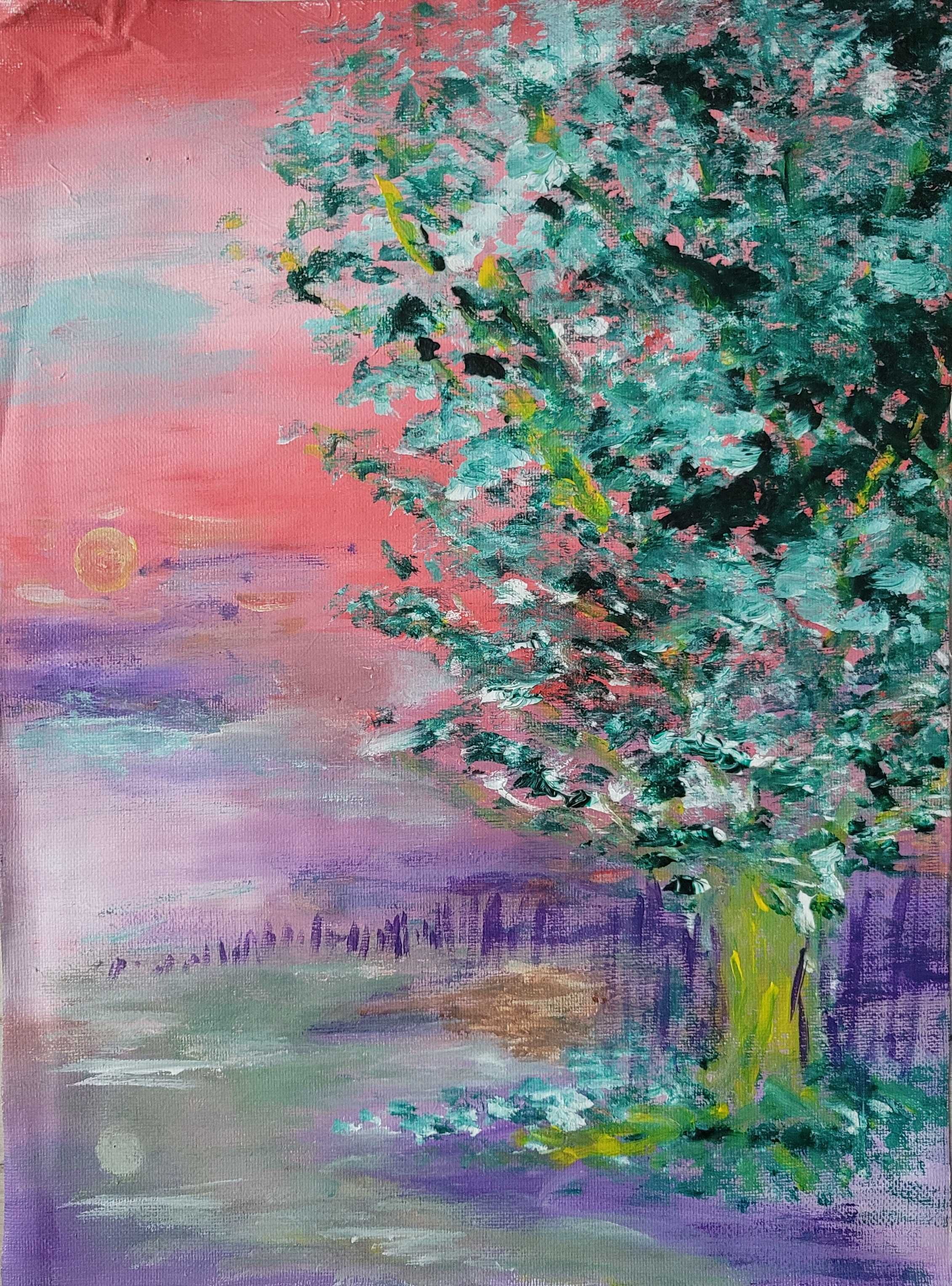Pejzaż z drzewem obraz olejny 39,5x29