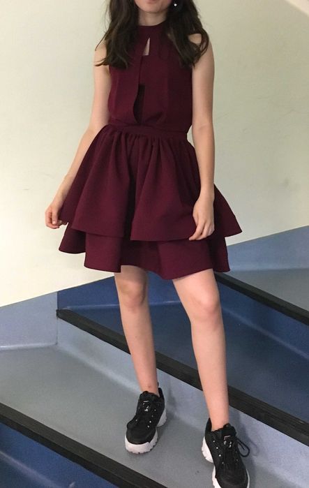 rozkloszowana bordowa burgund sukienka 34 wesele studniówka bal