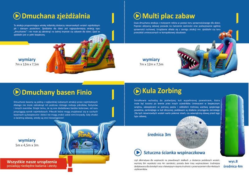 Dmuchańce: zjeżdżalnia, basen, plac zabaw, ścianka wspinaczkowa