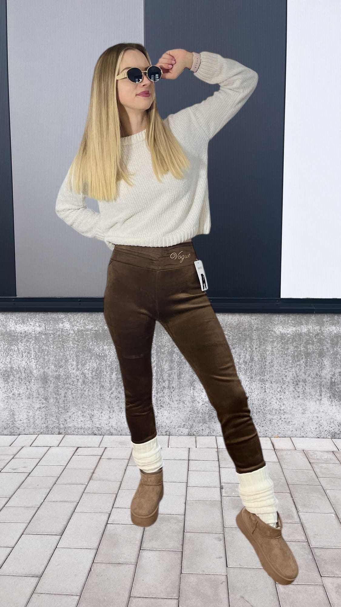 Grube ocieplane legginsy zimowe Vogue - czekoladowe wysoki stan S/M