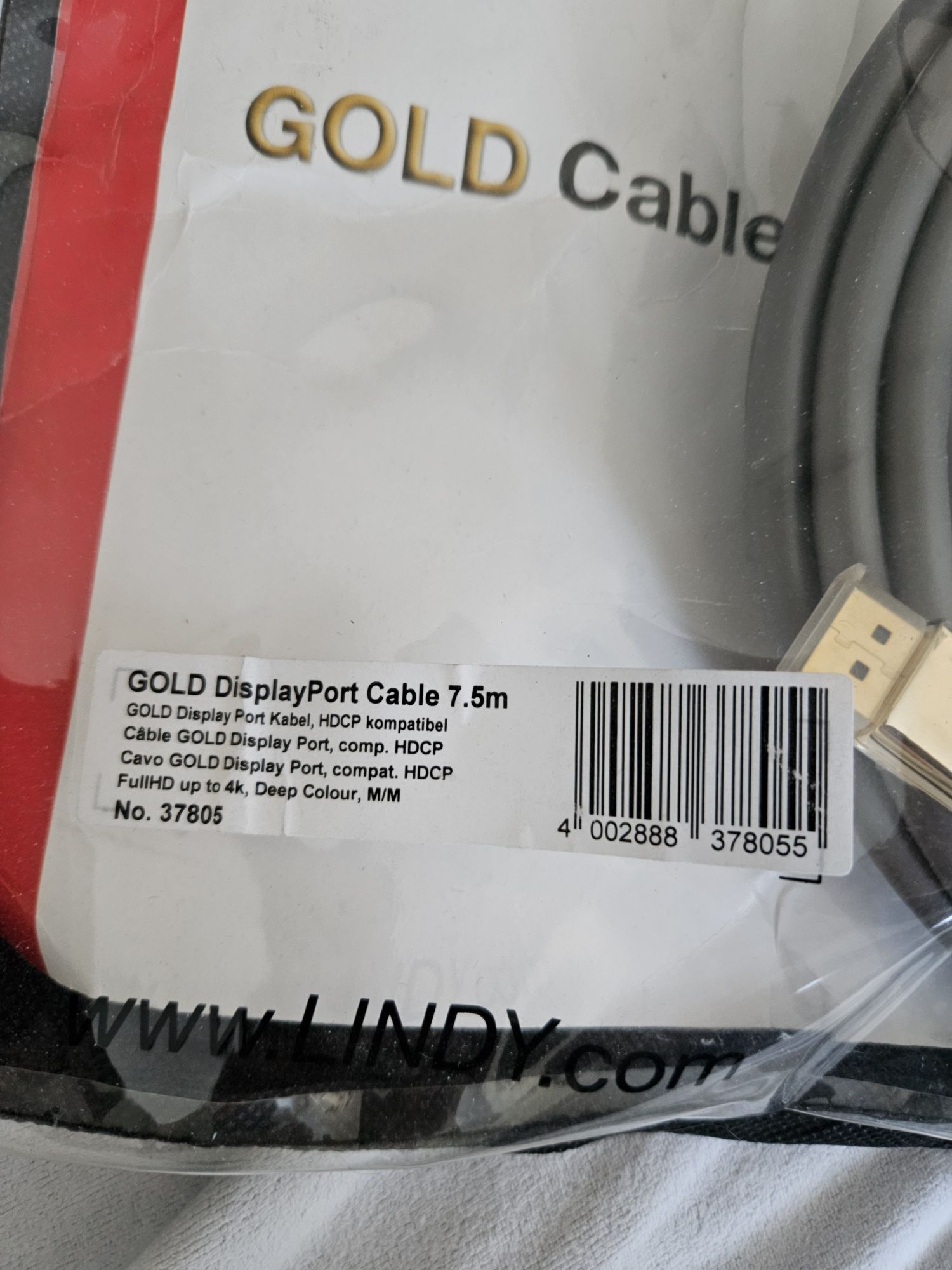 Złoty kabel DisplayPort, 7,5 m Lindy