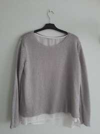 Sweter przewiewny 48/50 C&A srebrny bliźniak z białą bluzką ażurkowy