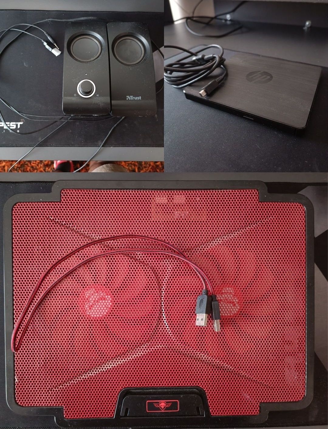 Colunas, headset 7.1, tapete, leitor CD, estação USB gaming