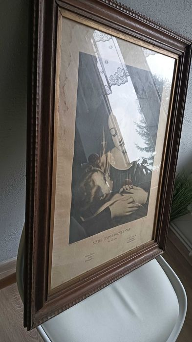 Bardzo stary obraz religijny w ramie drewnianej+ szkło